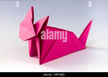 Origami di gatto di carta rosa isolato su uno sfondo bianco Foto Stock