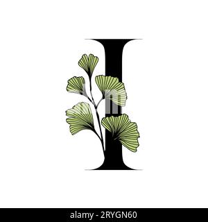 Ginkgo biloba lascia l'alfabeto I.. Distintivo e icona in stile elegante e lineare disegnato a mano. Lettera dell'emblema del logo vettoriale e ramo ginkgo. Illustrazione per cosme Illustrazione Vettoriale