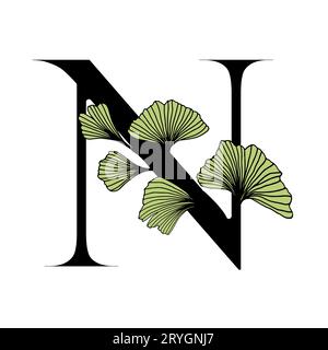 Ginkgo biloba lascia l'alfabeto N. distintivo e icona in stile lineare e alla moda disegnato a mano. Lettera dell'emblema del logo vettoriale e ramo ginkgo. Illustrazione per cosme Illustrazione Vettoriale