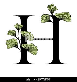 Il Ginkgo biloba lascia l'alfabeto H. distintivo e icona in stile lineare e alla moda disegnato a mano. Lettera dell'emblema del logo vettoriale e ramo ginkgo. Illustrazione per cosme Illustrazione Vettoriale