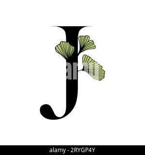 Ginkgo biloba lascia l'alfabeto J. distintivo e icona in stile lineare e alla moda disegnato a mano. Lettera dell'emblema del logo vettoriale e ramo ginkgo. Illustrazione per cosme Illustrazione Vettoriale