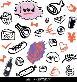 Set di Doodles - elementi alimentari e oggetti bottiglia, vino e pasticcini Illustrazione Vettoriale