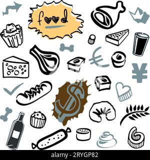 Set di Doodles - elementi alimentari e oggetti bottiglia, vino e pasticcini Illustrazione Vettoriale