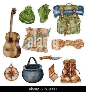 Acquerello Camping clipart. Illustrazione di campeggio selvaggio disegnata a mano. Foresta, disegno escursionistico Foto Stock