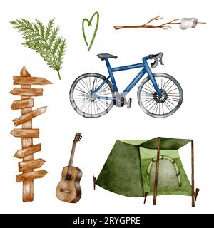 Acquerello Camping clipart. Illustrazione di campeggio selvaggio disegnata a mano. Foresta, disegno escursionistico Foto Stock
