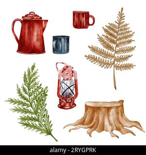 Acquerello Camping clipart. Illustrazione di campeggio selvaggio disegnata a mano. Foresta, disegno escursionistico Foto Stock