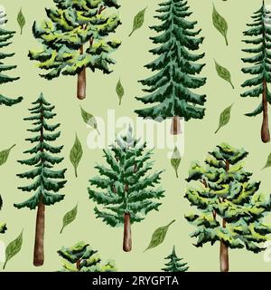 Albero di acquerello di foresta. Camping senza cuciture. Illustrazione disegnata a mano per tessuti, carta e altri progetti di stampa e web. Foto Stock