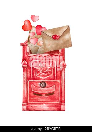 Casella postale vintage acquerello con cuori e lettere d'amore. Illustrazione del giorno di San Valentino. Concetto di amore Foto Stock