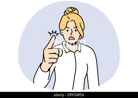 Furious businesswoman tatto impressionabile urlando e scolding. MAD donna punto con il dito grida e lezione. Illustrazione vettoriale. Illustrazione Vettoriale