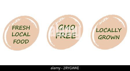 Un set di adesivi organici, etichette, badge e logo. PRODOTTI LOCALI FRESCHI, NON OGM, COLTIVATI LOCALMENTE. Modello di logo per prodotti biologici ed ecologici. Illustrazione Vettoriale