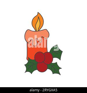 Candele a fuoco natalizie decorate con foglie di holly. Personaggio dei cartoni animati. Illustrazione vettoriale. Profilo nero. Isolato su sfondo bianco Illustrazione Vettoriale