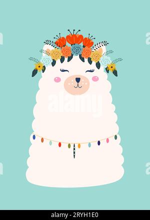 Illustrazione vettoriale del carino lama dei cartoni animati con fiori. Elegante disegno per biglietti di compleanno, inviti a feste, poster e cartoline. Illustrazione Vettoriale