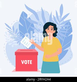 Donna che mette il voto nella casella di voto. Concetto di elezione. Illustrazione Vettoriale