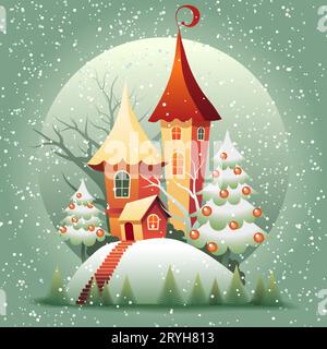 La fata natalizia ospita lo stile dei cartoni animati con la neve che cade Illustrazione Vettoriale