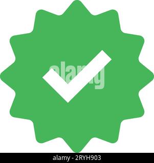 Segno di spunta. Icona del badge verificato con segno di spunta verde. Firma profilo approvata. Spuntare la stella degli angoli arrotondati. Segno di spunta dell'account ufficiale dei social media. Pagina superiore l Illustrazione Vettoriale