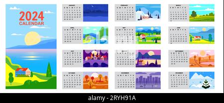 Calendario 2024 Set di 12 paesaggi naturali di quattro stagioni Illustrazione Vettoriale