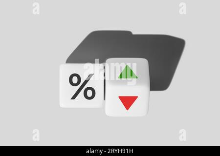 Tasso di interesse e tasso ipotecario concetto. Icona simbolo percentuale e direzione freccia su e giù sui blocchi di cubo Foto Stock