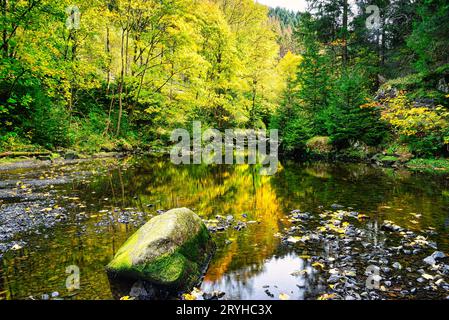 Fiume Oker e l'isola di fidanzamento nei Monti Harz; grandi pietre nel letto del fiume Foto Stock