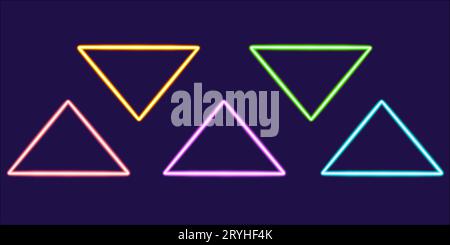 imposta l'icona luminosa del desktop a triangolo, l'adesivo triangolare al neon, la figura al neon, la figura luminosa, le figure geometriche al neon Foto Stock