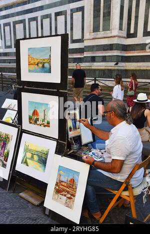 Firenze, Italia. 17 settembre 2023. Gli artisti creano dipinti per turisti a Firenze. Foto di alta qualità Foto Stock