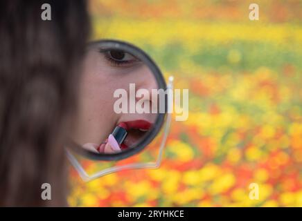 Giovane donna attraente che fa il trucco con rossetto davanti allo specchio. Bella gente Foto Stock