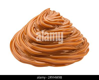 Vortice di crema al caramello fuso isolato su sfondo bianco Foto Stock