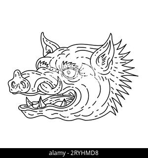 Capo di Angry Razorback Wild Hog o Feral Pig Monoline Line Art Drawing Foto Stock