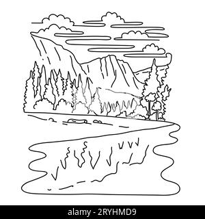 Mount Hoffmann nel Yosemite National Park California Monoline Line Art Drawing Foto Stock