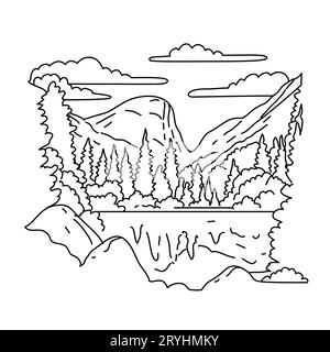 Mirror Lake Trail nel Yosemite National Park California Monoline Line Art Drawing Foto Stock