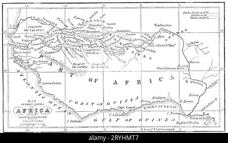 Mappa dei viaggi di Park in Africa, con il corso del Niger, c1902. Mungo Park (1771-1806) è stato un esploratore scozzese dell'Africa occidentale. Dopo un'esplorazione dell'alto fiume Niger intorno al 1796, scrisse un libro di viaggio popolare e influente intitolato "viaggi nei distretti interni dell'Africa", in cui teorizzò che i fiumi Niger e Congo si unissero per diventare lo stesso fiume, anche se in seguito è stato dimostrato che sono fiumi diversi. Foto Stock