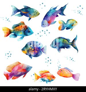 Set di pesci acquerelli . Pesce angelo fiamma, pesce farfalla a banda di rame, pesce angelo maschera viola, pesce angelo zebra, Blue Tang, Betta sple Foto Stock