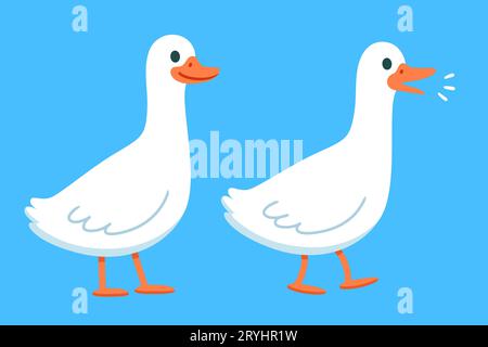 Carino cartone animato goose in piedi e camminare. Disegno semplice bianco d'oca, illustrazione vettoriale. Illustrazione Vettoriale