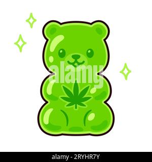 Carino cartone animato CBD commestibile gommoso orso disegno. Caramelle verdi a forma di foglia di cannabis. Illustrazione della clip art vettoriale. Illustrazione Vettoriale