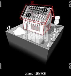 illustrazione 3d di una semplice casa indipendente con struttura del tetto in legno Foto Stock