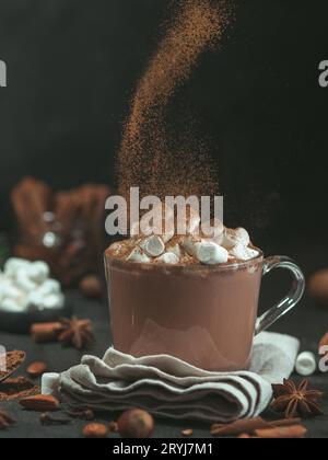 Polvere di cannella che sorvola una tazza di vetro con cioccolata calda Foto Stock