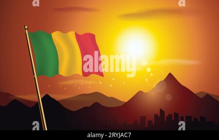 Bandiera del Mali con sfondo al tramonto di montagne e laghi Illustrazione Vettoriale