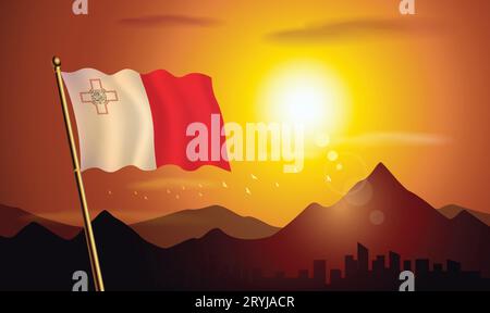 Bandiera di Malta con sfondo al tramonto di montagne e laghi Illustrazione Vettoriale