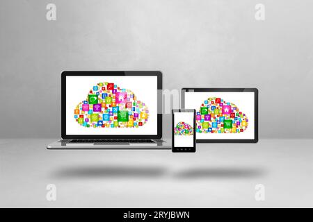Simbolo e icone del cloud computing su un set di computer Foto Stock