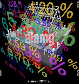 Diagramma di aÂ semplice casa indipendente con molti percentuali di tasso di interesse davanti ad esso Foto Stock