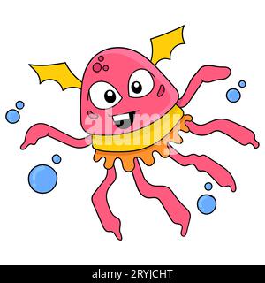 alien mostro medusa rosso amichevole viso sorridente, vettore illustrazione arte doodle icona immagine kawaii. Foto Stock