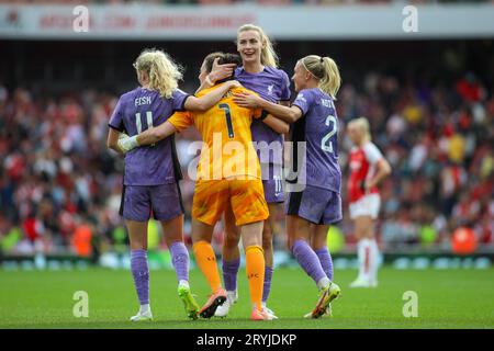 Londra, Regno Unito. 1 ottobre 2023. Londra, Inghilterra, 1° ottobre 2023: I giocatori del Liverpool festeggiano la partita di fa Women's Super League tra Chelsea e Liverpool all'Emirates Stadium di Londra, Inghilterra (Alexander Canillas/SPP) credito: SPP Sport Press Photo. /Alamy Live News Foto Stock