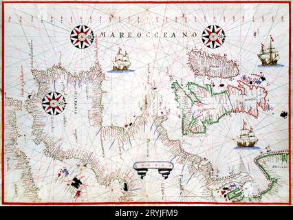 atlante Portolano del Mar Mediterraneo, Europa occidentale e costa nordoccidentale dell'Africa: Mappa del mondo disegnata su un proietzio ovale Foto Stock
