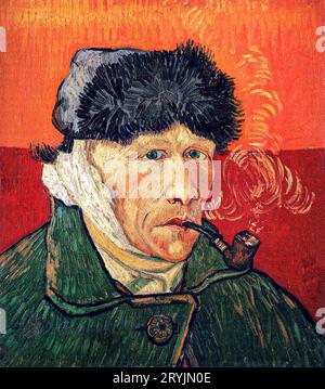 Autoritratto di Vincent van Gogh con orecchio fasciato e Pipa famoso dipinto. Foto Stock