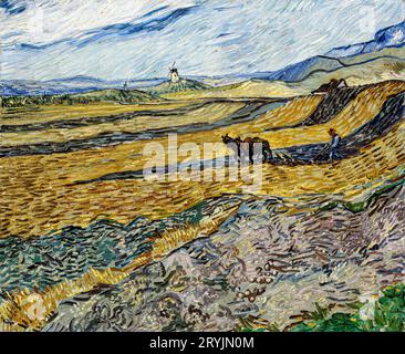 Vincent van Gogh campo recintato con Ploughman Foto Stock