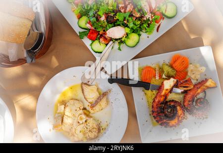 Tentacoli di polpo grigliati, pesce e insalata con cozze. Foto Stock