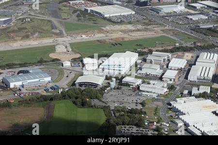 Guardando in basso Filton, l'ex aeroporto vicino a Bristol, dove sono stati prodotti gli aerei britannici Concorde. L'ultimo atterraggio di un Concorde è stato qui Foto Stock