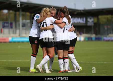 Londra, Regno Unito. 1 ottobre 2023. Londra, 1 ottobre 2023: Angela Addison (7 Charlton Athletic) celebrazione del gol durante la partita del Barclays Womens Championship tra London City Lionesses e Charlton Athletic al Princes Park, Londra, Inghilterra. (Pedro Soares/SPP) credito: SPP Sport Press Photo. /Alamy Live News Foto Stock