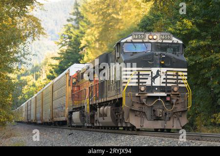 Skykomish, WA, USA - 29 settembre 2023; locomotiva Norfolk Southern su treno merci autoreack BNSF Foto Stock