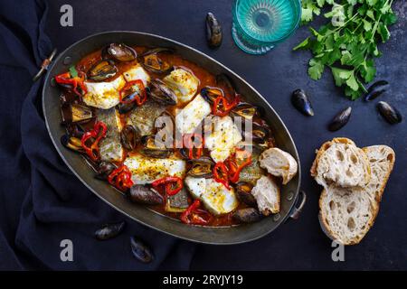 Tradizionale bouillabaisse di pesce francese con merluzzo di pesce e cozze in salsa di pomodoro al vino rosso servita come vista dall'alto in una casseruola rustica di rame Foto Stock