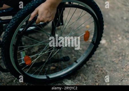 Donna con disabilità seduta in sedia a rotelle nel parco. Foto di alta qualità Foto Stock